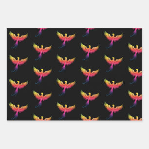 Phoenix rising multicolor on black wrapping paper sheet