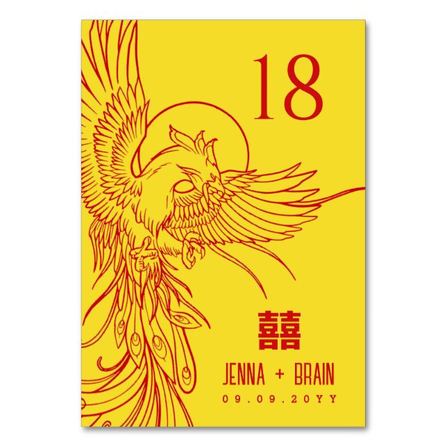 Phoenix Theme Double Happiness | Red on Gold Table Number (Front)