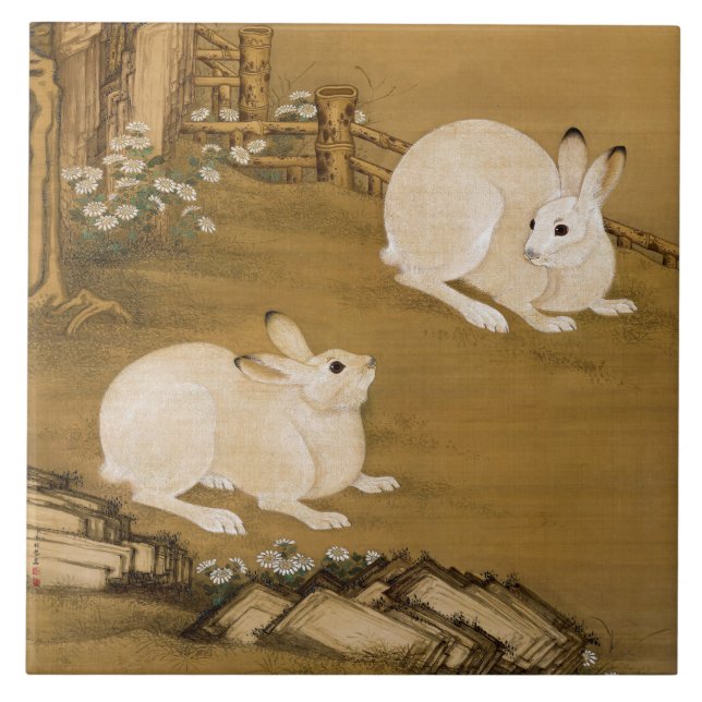 Phoenix Tree & Rabbits Antique Chinese Painting Ceramic Tile (Front)