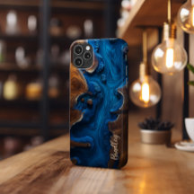Phone Case, Royal Blue Resin, Burl Wood Design