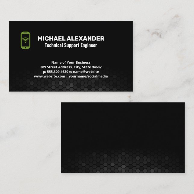 Phone Icon | Black Mesh Abstract Background Business Card (Front/Back)