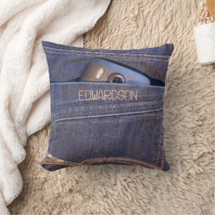 Phone in blue jeans pocket monogram name cool cushion