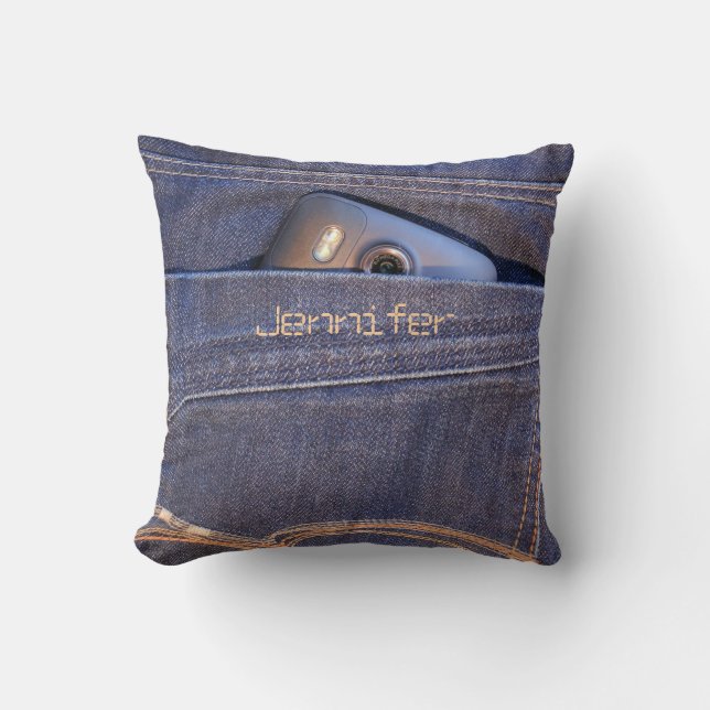 Phone in blue jeans pocket monogram name cool cushion (Front)