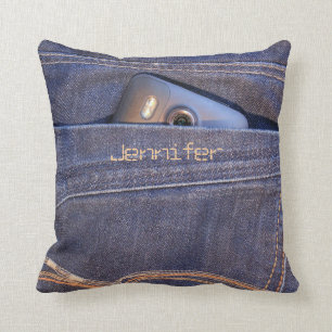 Phone in blue jeans pocket monogram name cool cushion