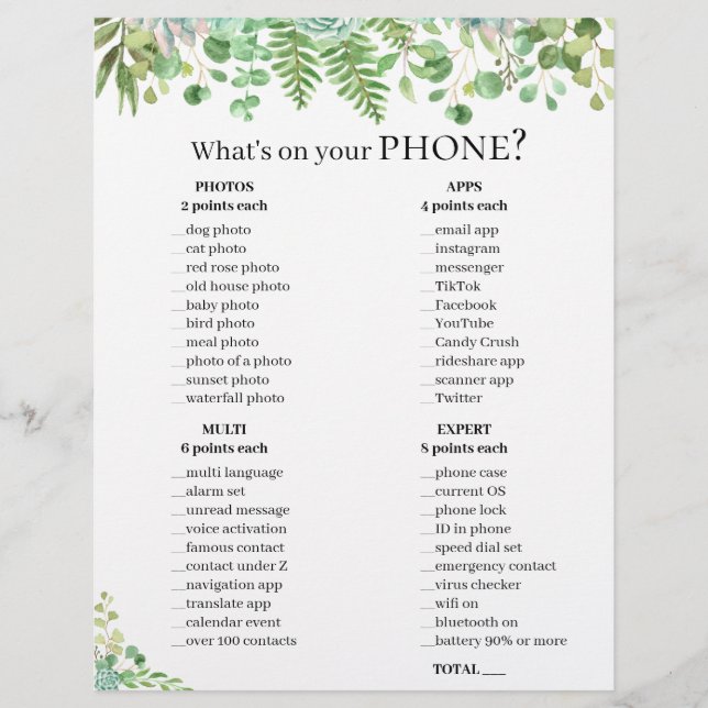 Phone Question Game 💍 Bridal Shower  (Front)