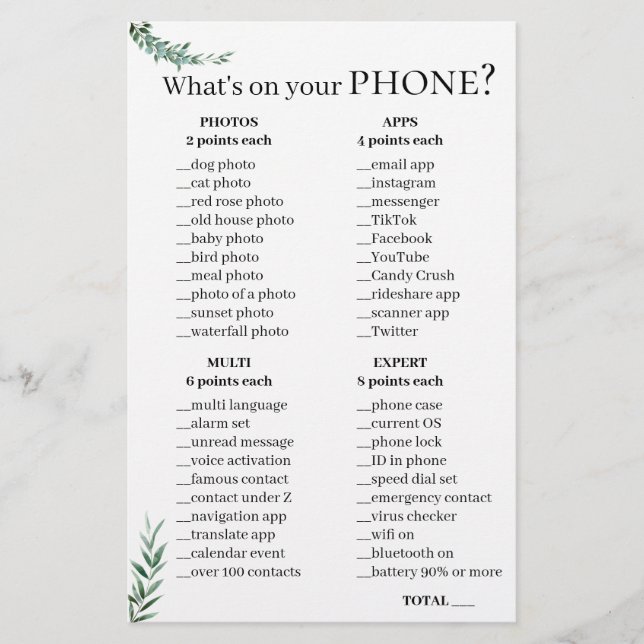 Phone Question Game 💍 Bridal Shower  (Front)