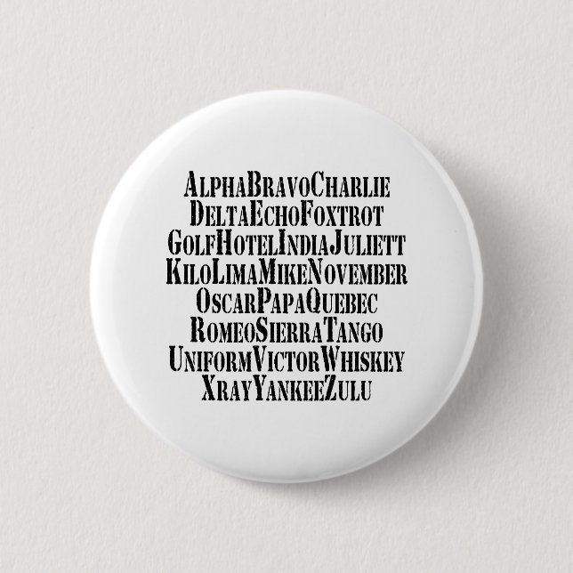 PHONETIC ALPHABET / CODE WORDS 6 CM ROUND BADGE (Front)