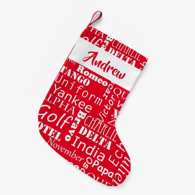 Phonetic Alphabet Festive Red and White Small Christmas Stocking (Front (Hanging))