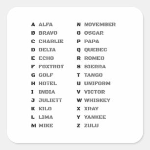 Phonetic Alphabet Military ALFA-ZULU Square Sticker