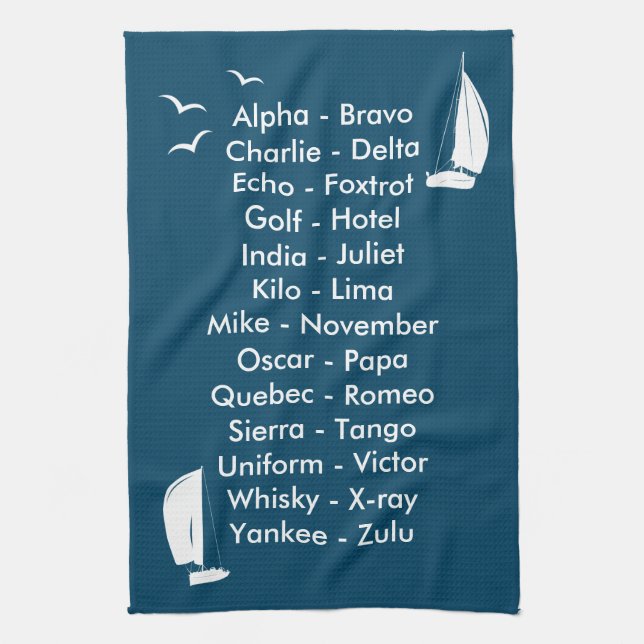 Phonetic Alphabet Ocean Blue Sailing Tea Towel (Vertical)