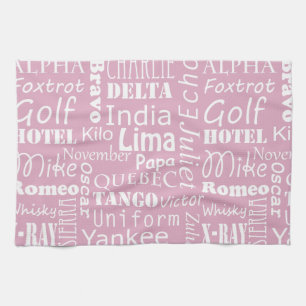 Phonetic Alphabet Pattern White on Light Pink Tea Towel