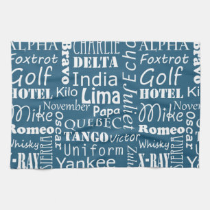 Phonetic Alphabet Pattern White on Nautical Blue Tea Towel