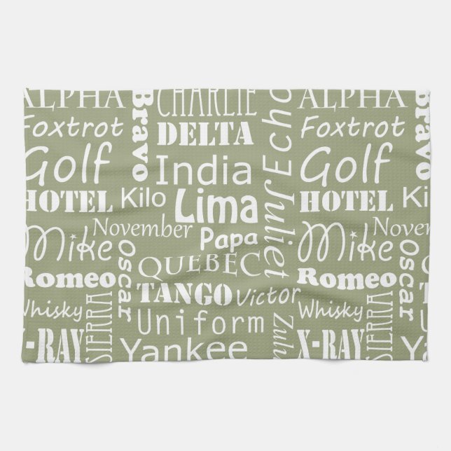 Phonetic Alphabet Pattern White on Sage Green Tea Towel (Horizontal)
