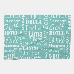Phonetic Alphabet Phrases White on Aqua Blue Tea Towel