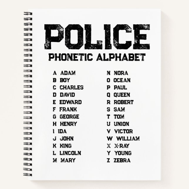 Phonetic Alphabet Police Notebook Adam-Zebra White (Front)