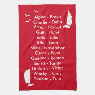 Phonetic Alphabet Red Sailboat Tea Towel