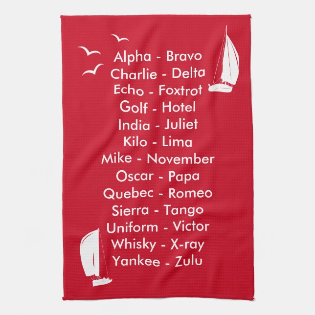 Phonetic Alphabet Red Sailboat Tea Towel (Vertical)
