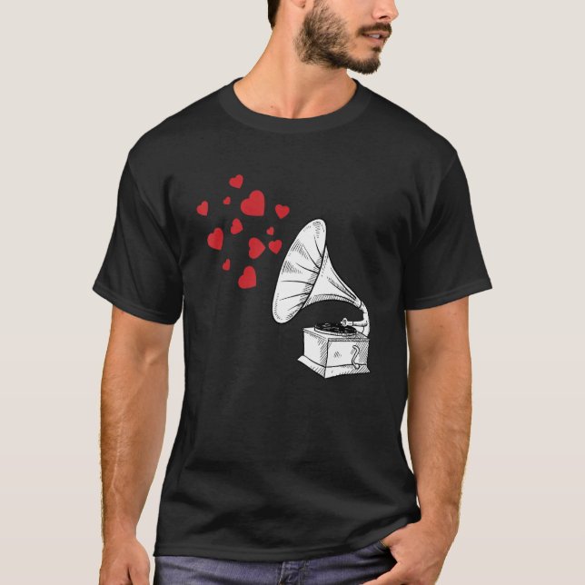 Phonograph Heart Notes Valentines Day Cute Music L T-Shirt (Front)