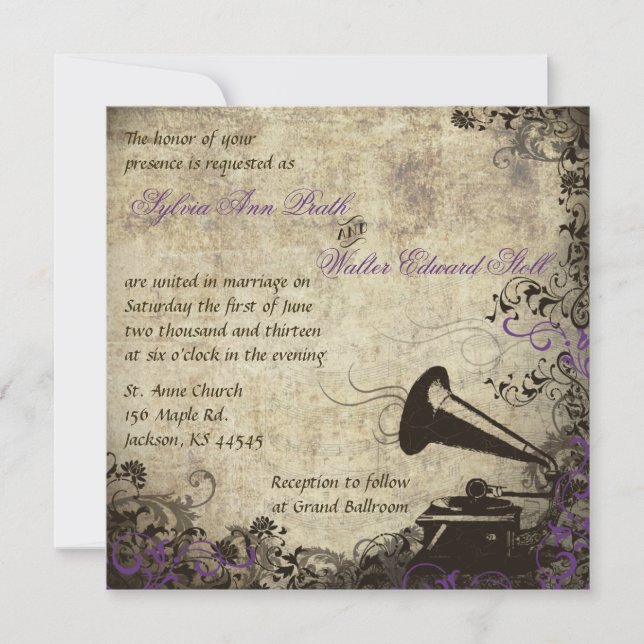 Phonograph Vintage Wedding Invitation Purple (Front)