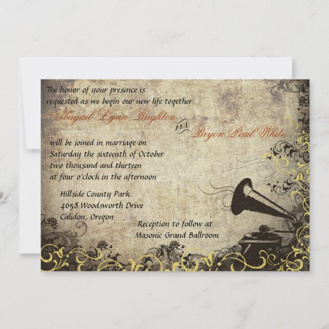 Phonograph Vintage Wedding Invitation Yellow (Front)