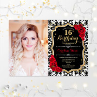 Photo 16th Birthday Party Red Gold Black Damask
