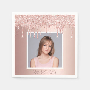Photo 18th birthday party rose gold glitter glam napkin
