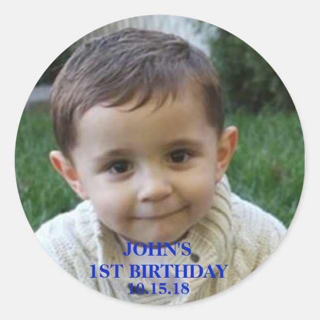 Photo 1st Birthday Party Favour Labels|Sticker Classic Round Sticker (Front)