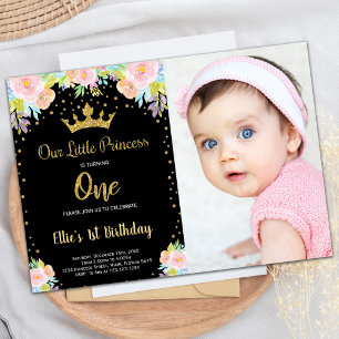 Photo 1st Black Floral Princess Birthday Invitation