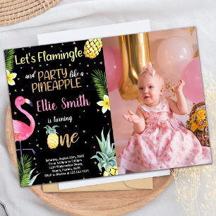 Photo 1st Black Glitter Flamingo Pineapple Invitation