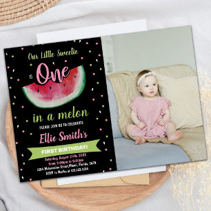 Photo 1st Black Green Watermelon Birthday Invitation
