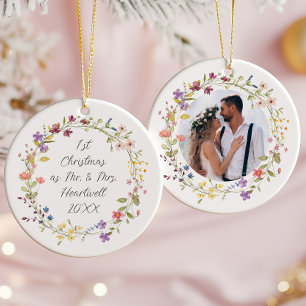 Photo 1st Christmas Married Wildflower Wreath Ceramic Ornament