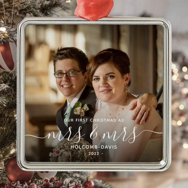 Photo 1st Christmas Mrs and Mrs LGBTQ White Script Metal Ornament (Creator Uploaded)