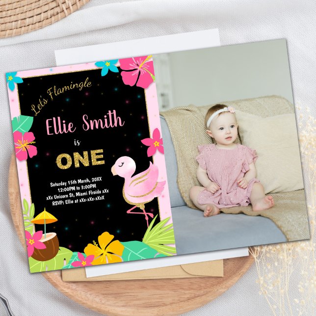Photo 1st Pink Flamingo Birthday Invitations (Photo 1st Pink Flamingo Birthday Invitations)
