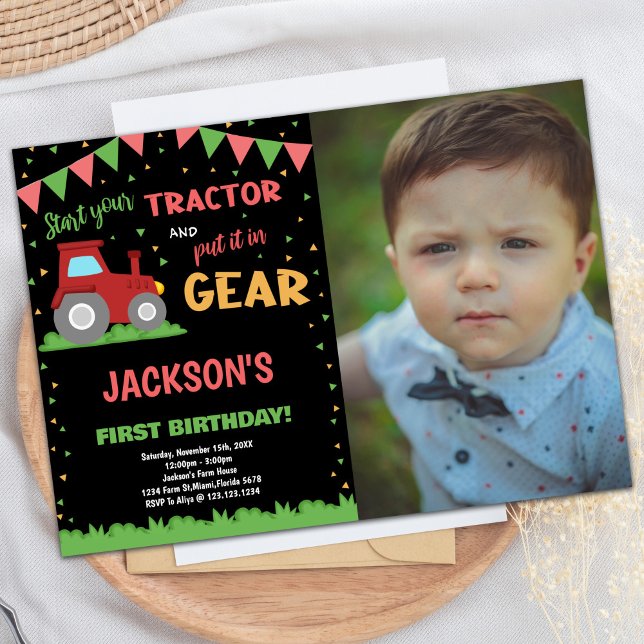 Photo 1st Red Flags Tractor Birthday Invitations (Photo 1st Red Flags Tractor Birthday Invitations)