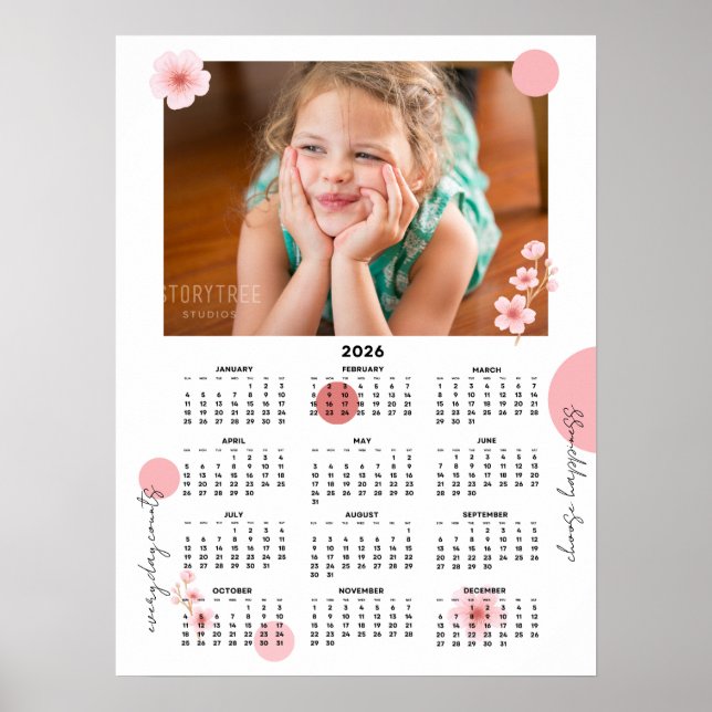 Photo 2026 Yearly Calendar Pretty Floral Poster (Front)