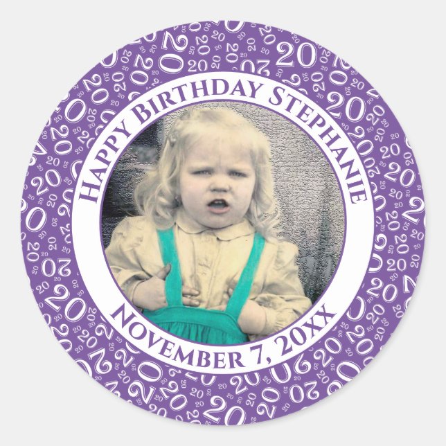 Photo | 20th Random Number Pattern Purple/White Classic Round Sticker (Front)