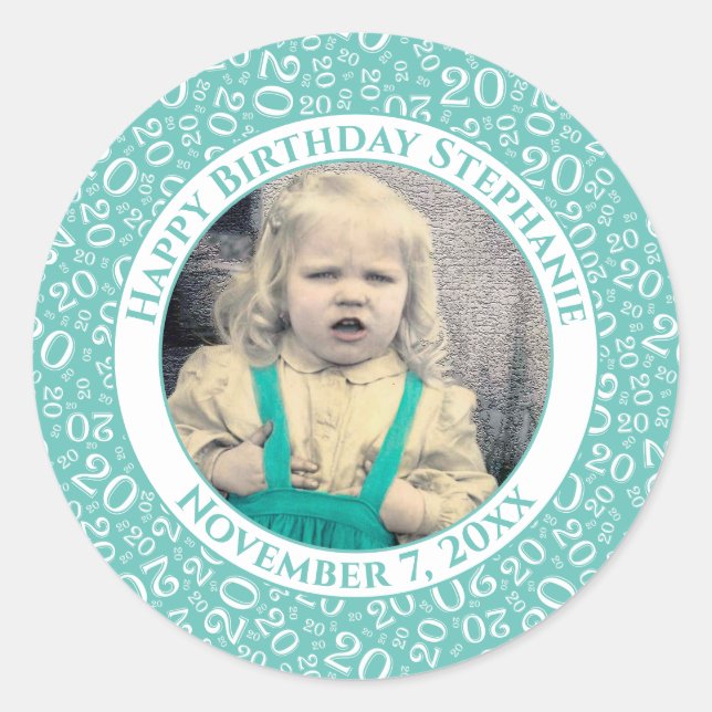 Photo | 20th Random Number Pattern Teal/White Classic Round Sticker (Front)