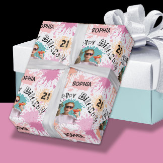 Photo 21st Birthday Pink Peach Paint Splatters Wrapping Paper