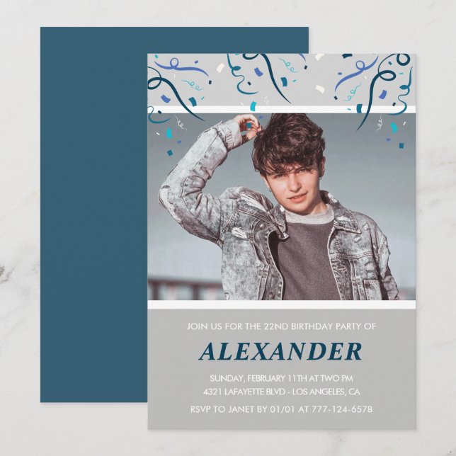 Photo 22nd birthday invitations him  Blue Confetti (Front/Back)