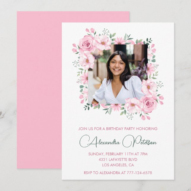 Photo 22nd birthday invitations Pink Floral  (Front/Back)