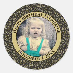 Photo 25th Random Number Pattern Black/Gold Classic Round Sticker