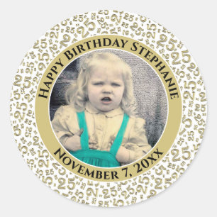 Photo 25th Random Number Pattern Gold/White Classic Round Sticker