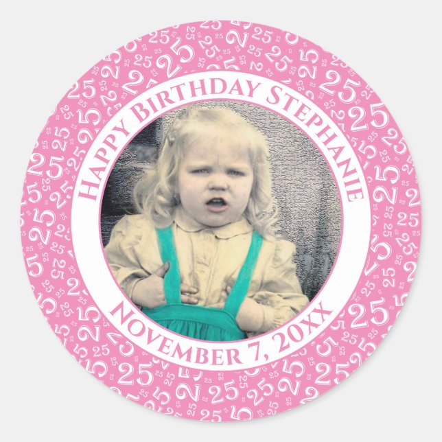 Photo 25th Random Number Pattern Pink/White Classic Round Sticker (Front)