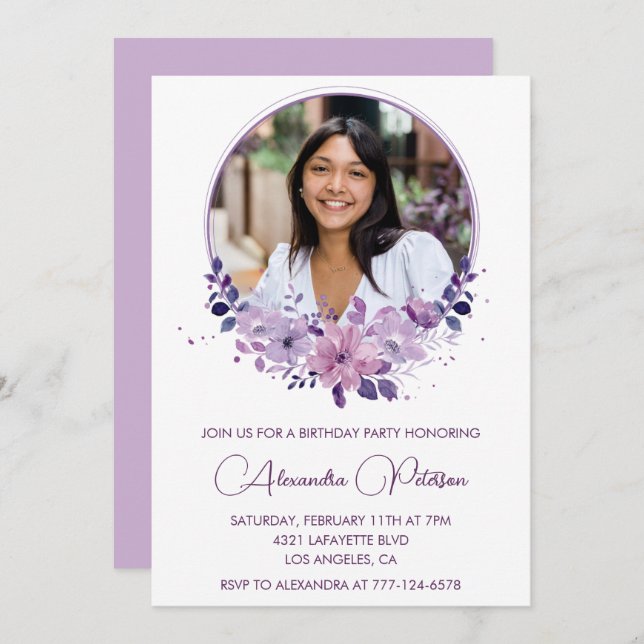 Photo 26th birthday invitation Purple Floral (Front/Back)