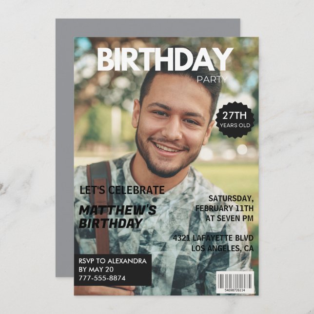 Photo 27th birthday invitations for him Magazine (Front/Back)