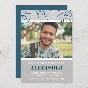 Photo 27th birthday invitations him  Blue Confetti