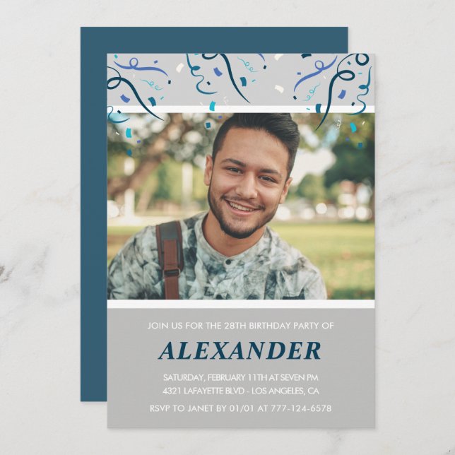 Photo 28th birthday invitations him  Blue Confetti (Front/Back)