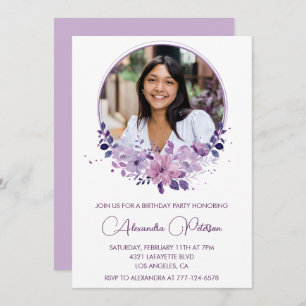 Photo 29th birthday invitation Purple Floral