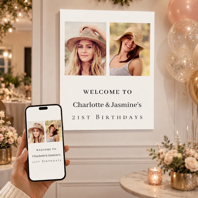 Photo 2 persons birthday modern welcome poster (Creator Uploaded)