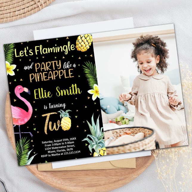 Photo 2nd Black Glitter Flamingo Pineapple Invitation (Photo 2nd Black Glitter Flamingo Pineapple Invitation)